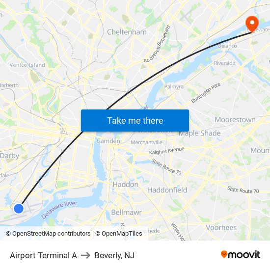 Airport Terminal A to Beverly, NJ map