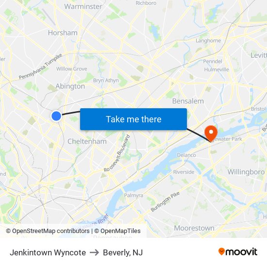 Jenkintown Wyncote to Beverly, NJ map