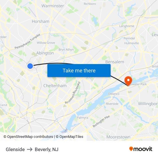 Glenside to Beverly, NJ map
