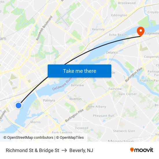 Richmond St & Bridge St to Beverly, NJ map