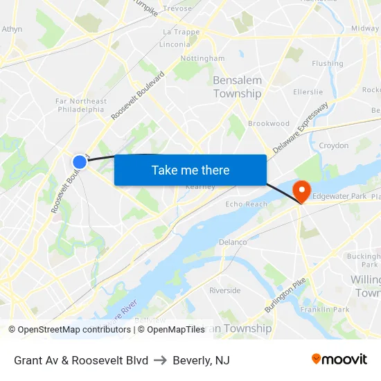 Grant Av & Roosevelt Blvd to Beverly, NJ map