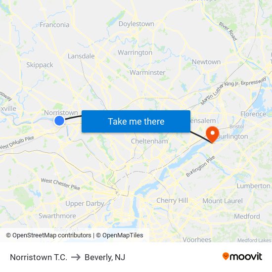 Norristown T.C. to Beverly, NJ map
