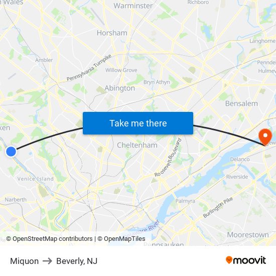 Miquon to Beverly, NJ map