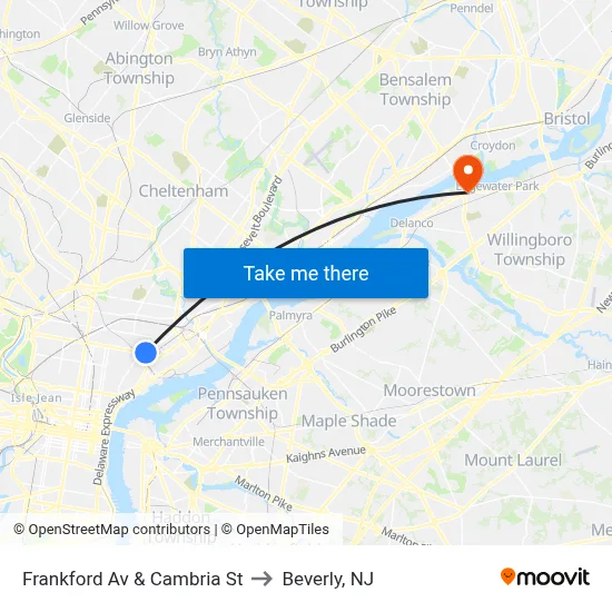 Frankford Av & Cambria St to Beverly, NJ map