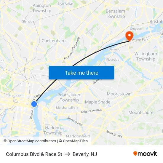 Columbus Blvd & Race St to Beverly, NJ map