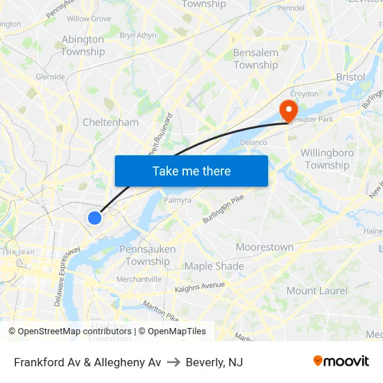 Frankford Av & Allegheny Av to Beverly, NJ map