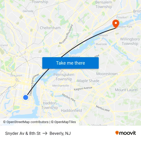 Snyder Av & 8th St to Beverly, NJ map