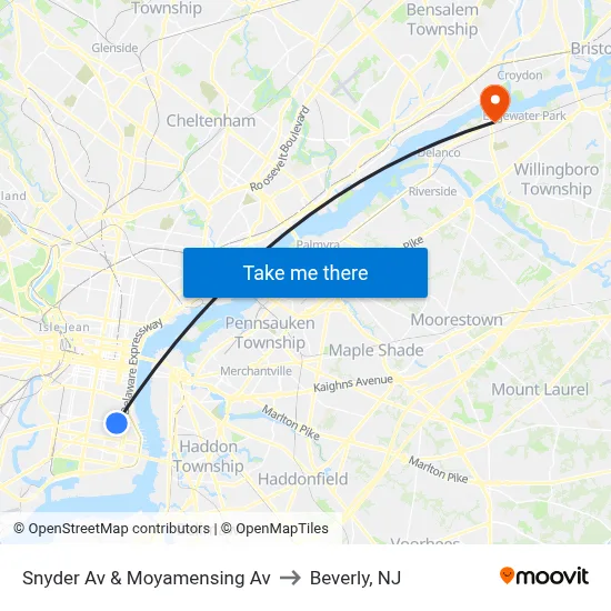 Snyder Av & Moyamensing Av to Beverly, NJ map