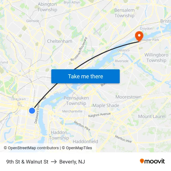 9th St & Walnut St to Beverly, NJ map