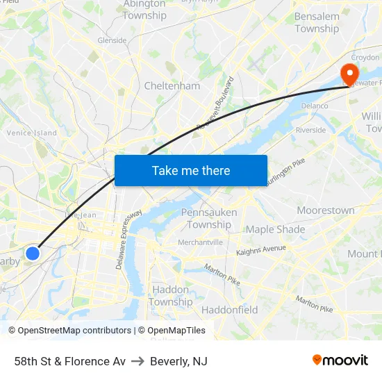 58th St & Florence Av to Beverly, NJ map