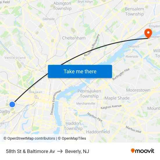 58th St & Baltimore Av to Beverly, NJ map
