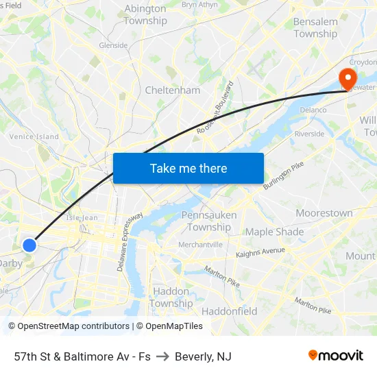 57th St & Baltimore Av - Fs to Beverly, NJ map
