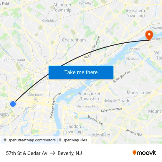 57th St & Cedar Av to Beverly, NJ map