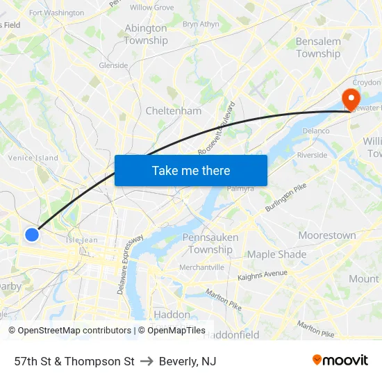 57th St & Thompson St to Beverly, NJ map