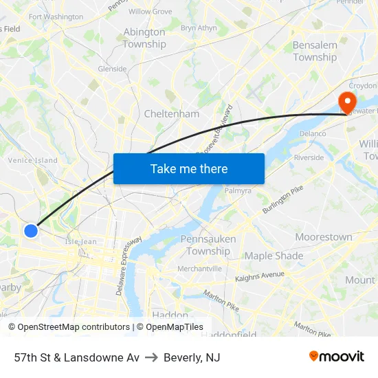 57th St & Lansdowne Av to Beverly, NJ map