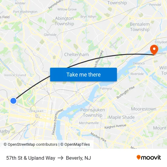 57th St & Upland Way to Beverly, NJ map