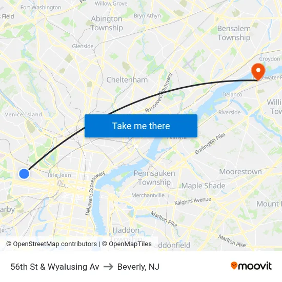 56th St & Wyalusing Av to Beverly, NJ map
