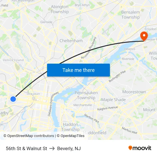56th St & Walnut St to Beverly, NJ map