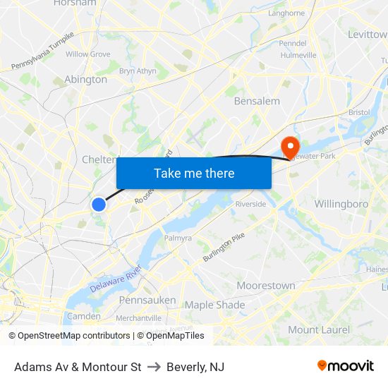 Adams Av & Montour St to Beverly, NJ map
