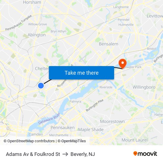 Adams Av & Foulkrod St to Beverly, NJ map