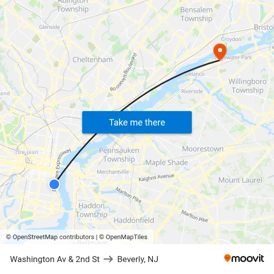 Washington Av & 2nd St to Beverly, NJ map