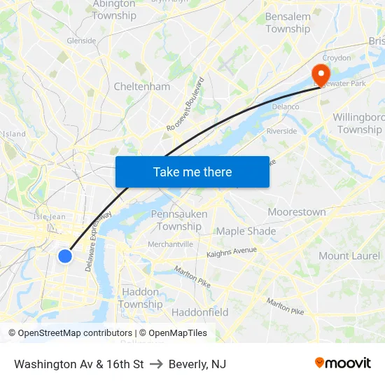 Washington Av & 16th St to Beverly, NJ map