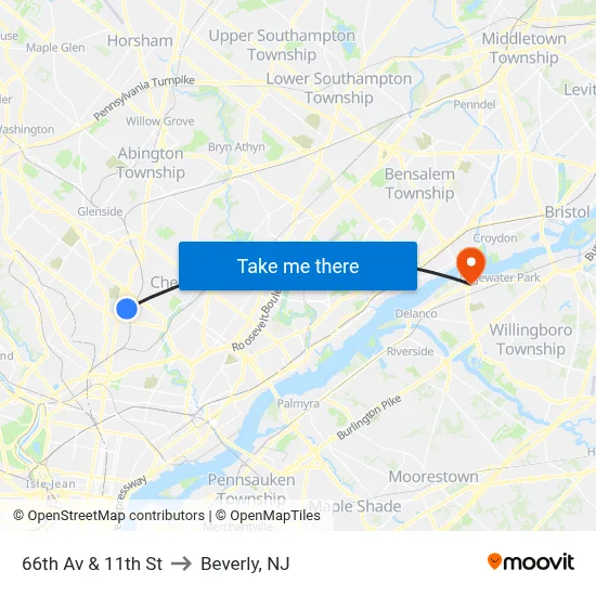 66th Av & 11th St to Beverly, NJ map