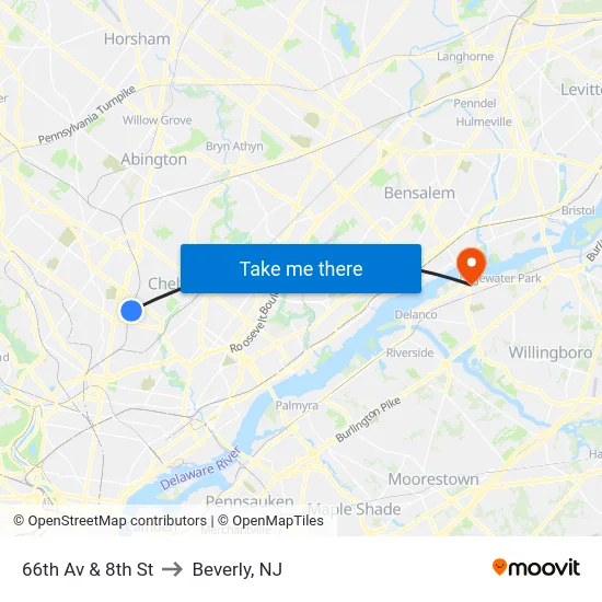 66th Av & 8th St to Beverly, NJ map