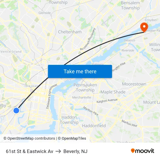 61st St & Eastwick Av to Beverly, NJ map