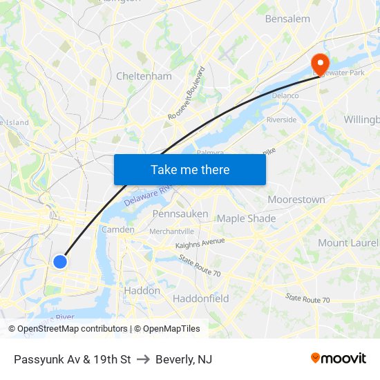 Passyunk Av & 19th St to Beverly, NJ map