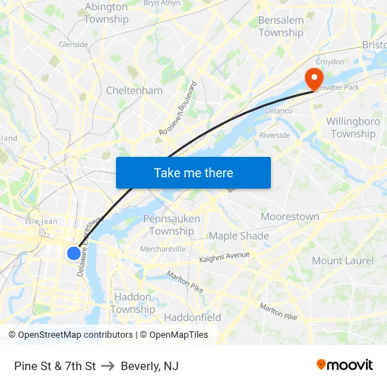 Pine St & 7th St to Beverly, NJ map
