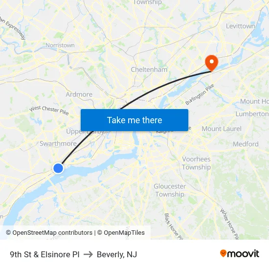 9th St & Elsinore Pl to Beverly, NJ map