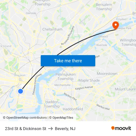 23rd St & Dickinson St to Beverly, NJ map