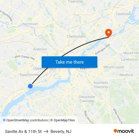 Saville Av & 11th St to Beverly, NJ map