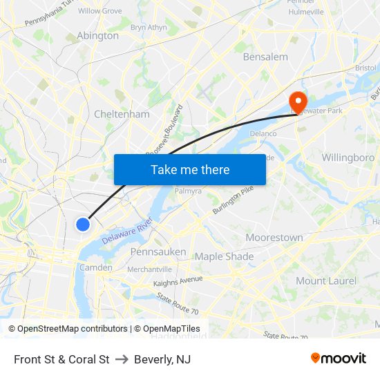 Front St & Coral St to Beverly, NJ map