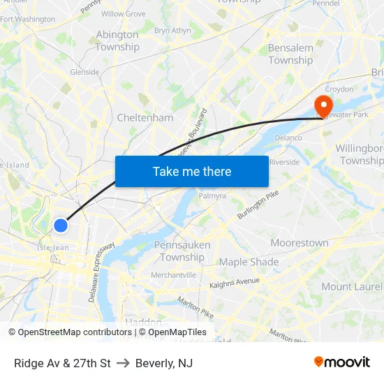 Ridge Av & 27th St to Beverly, NJ map