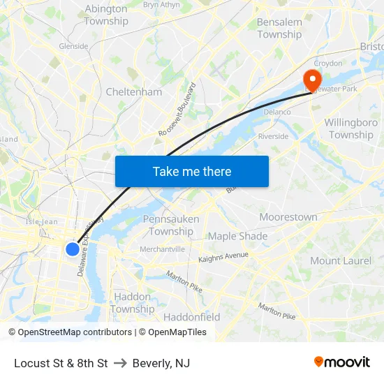 Locust St & 8th St to Beverly, NJ map