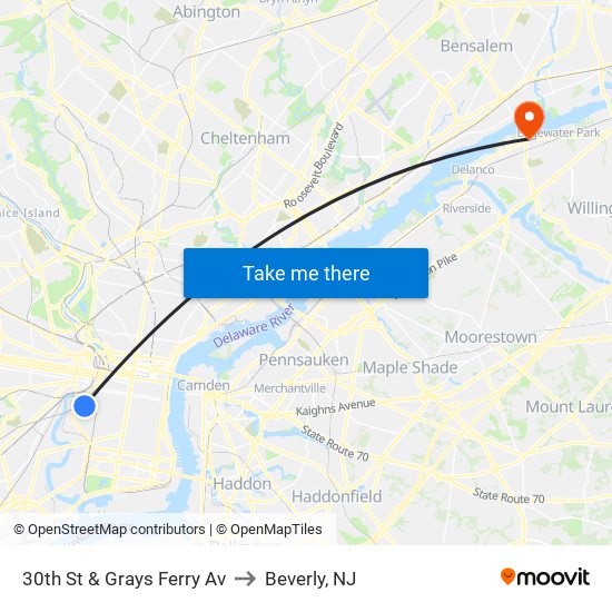 30th St & Grays Ferry Av to Beverly, NJ map
