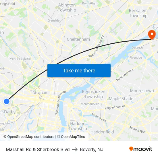 Marshall Rd & Sherbrook Blvd to Beverly, NJ map