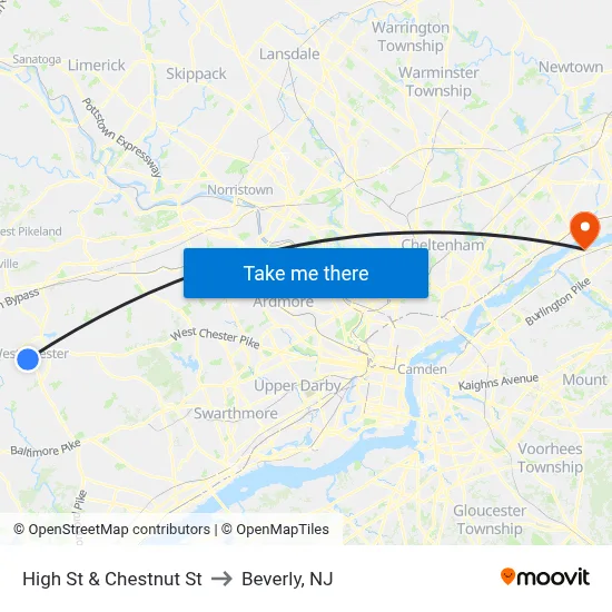 High St & Chestnut St to Beverly, NJ map