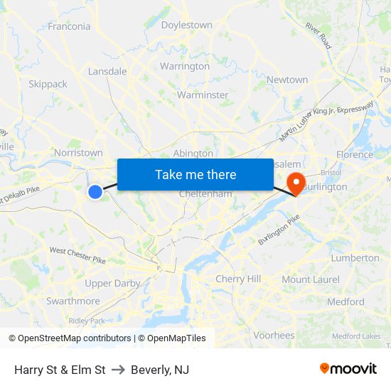 Harry St & Elm St to Beverly, NJ map