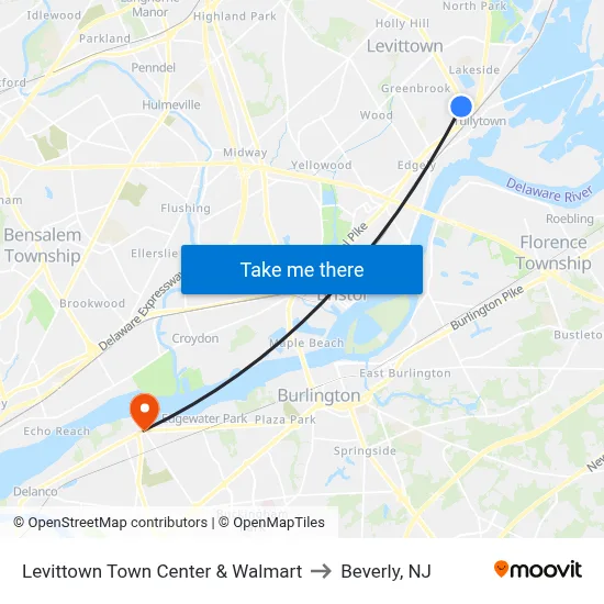 Levittown Town Center & Walmart to Beverly, NJ map
