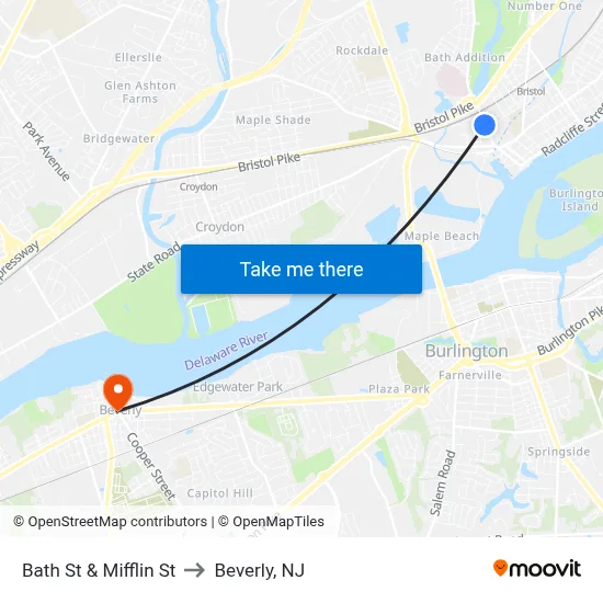 Bath St & Mifflin St to Beverly, NJ map