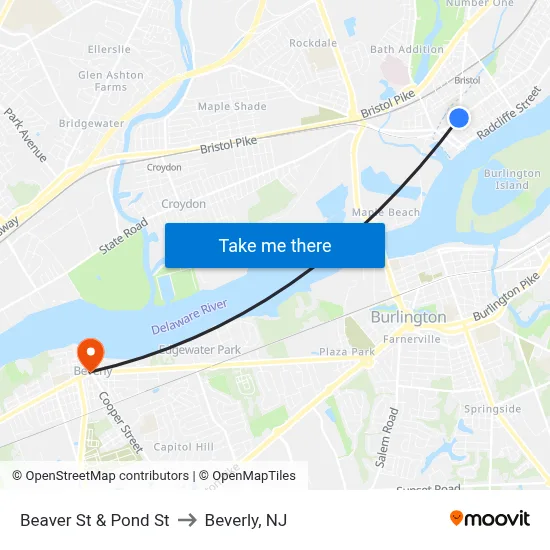 Beaver St & Pond St to Beverly, NJ map