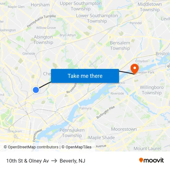 10th St & Olney Av to Beverly, NJ map
