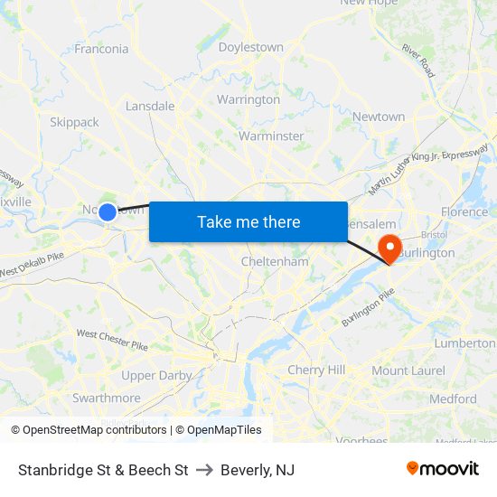 Stanbridge St & Beech St to Beverly, NJ map