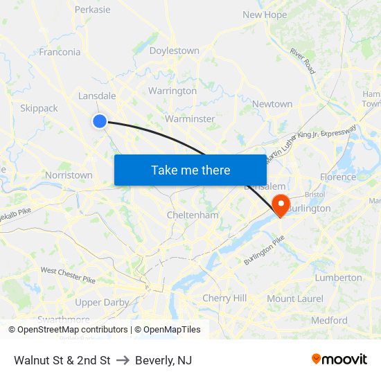 Walnut St & 2nd St to Beverly, NJ map