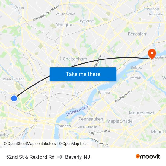 52nd St & Rexford Rd to Beverly, NJ map