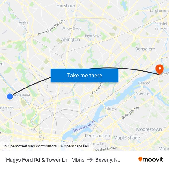 Hagys Ford Rd & Tower Ln - Mbns to Beverly, NJ map