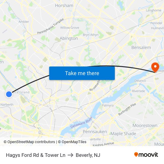 Hagys Ford Rd & Tower Ln to Beverly, NJ map